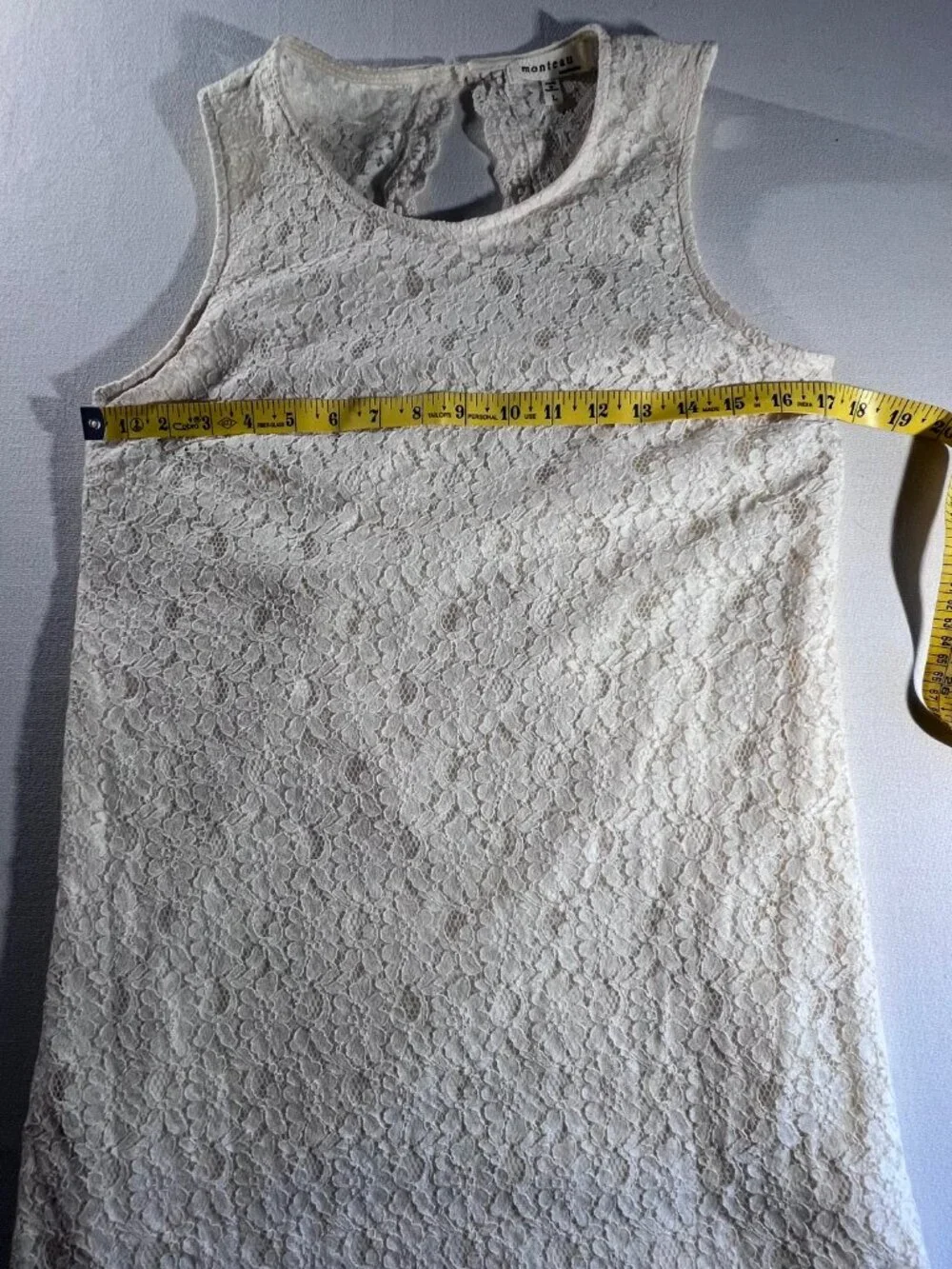 Monteau Los Angeles cream lace sleeveless mini dress floral lace‎ boho chic L